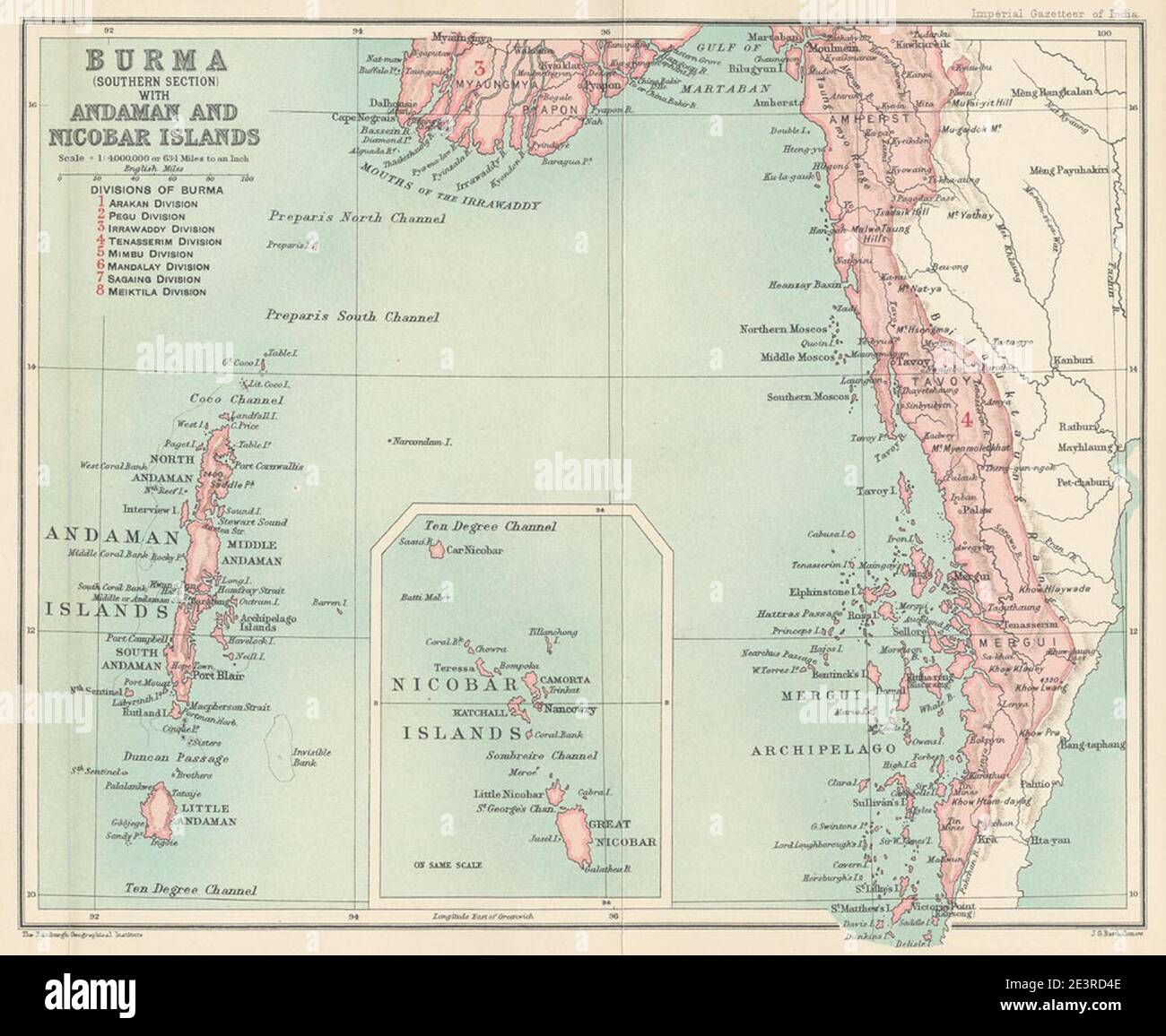 Karte von Burma (Südteil) mit den Andaman- und Nikobaren-Inseln aus dem Imperial Gazetteer of India (1907-1909). Stockfoto