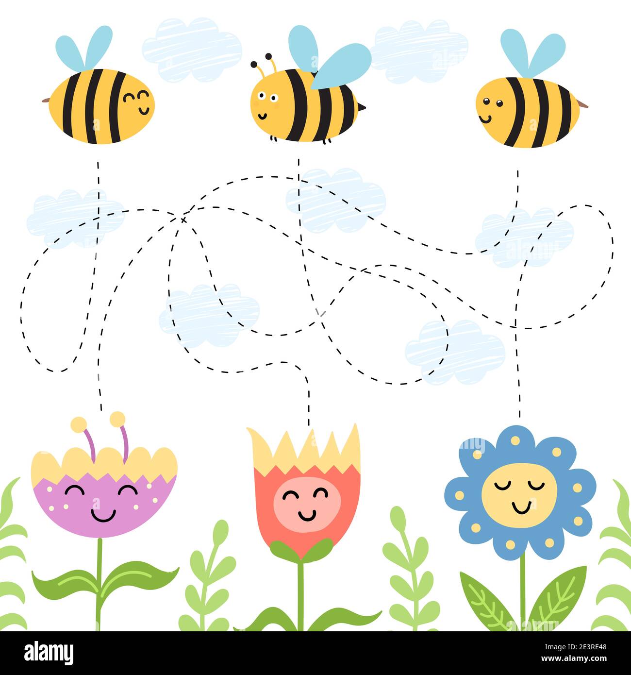 Helfen Sie den Bienen den Weg zu den Blumen zu finden. Maze Spiel für Kinder mit niedlichen Charakteren Stock Vektor