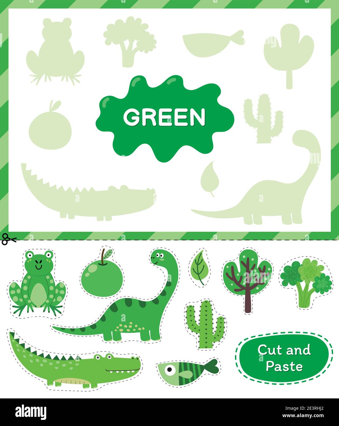 Grüne Farbe. Schneiden Sie die Elemente aus und ordnen Sie sie den richtigen Schatten zu. Lernfarbe Grün Stock Vektor