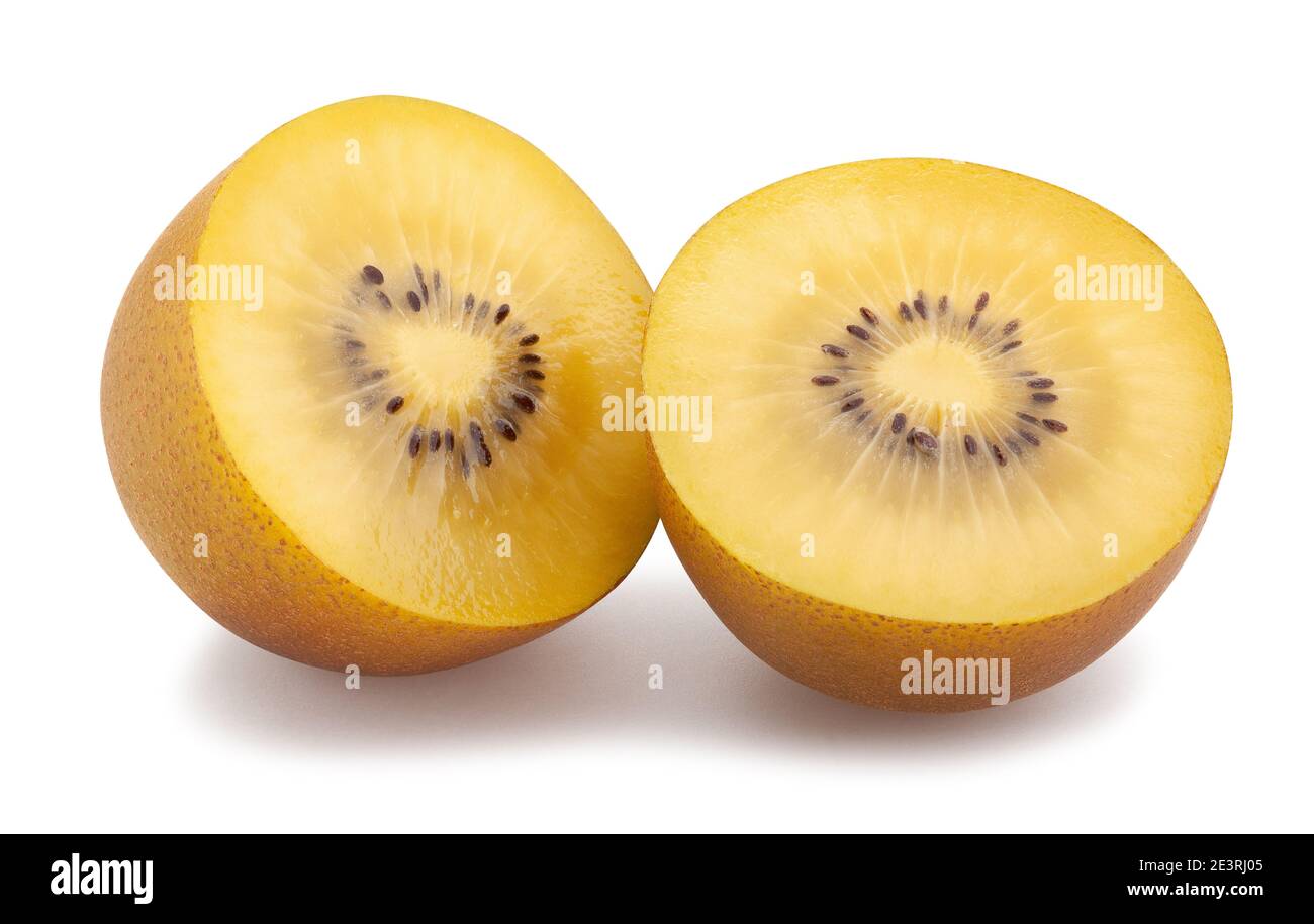 In Scheiben geschnitten Golden Kiwi Pfad isoliert auf weißem Stockfoto