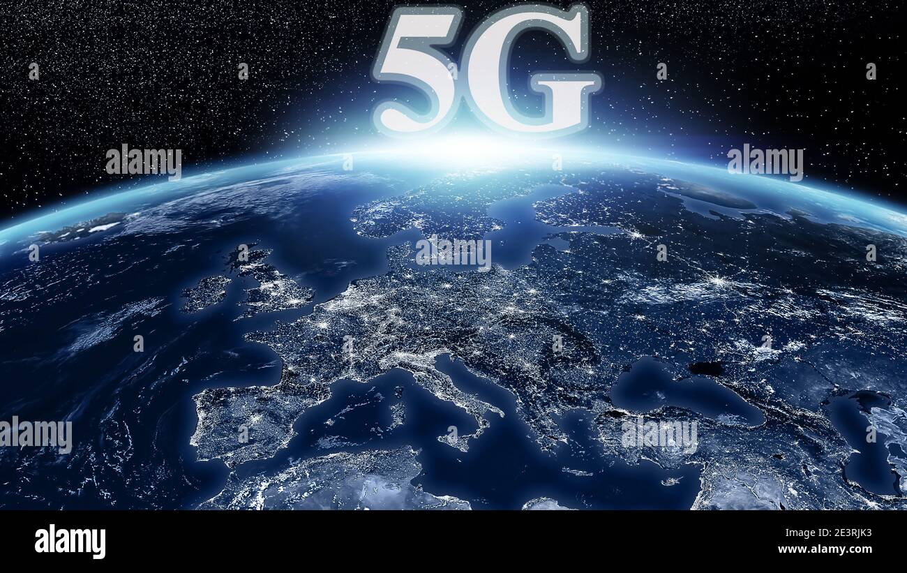 Globale 5G-Netzverbindung. Konzept der Weltkarte. Dunkelblauer Hintergrund Stockfoto