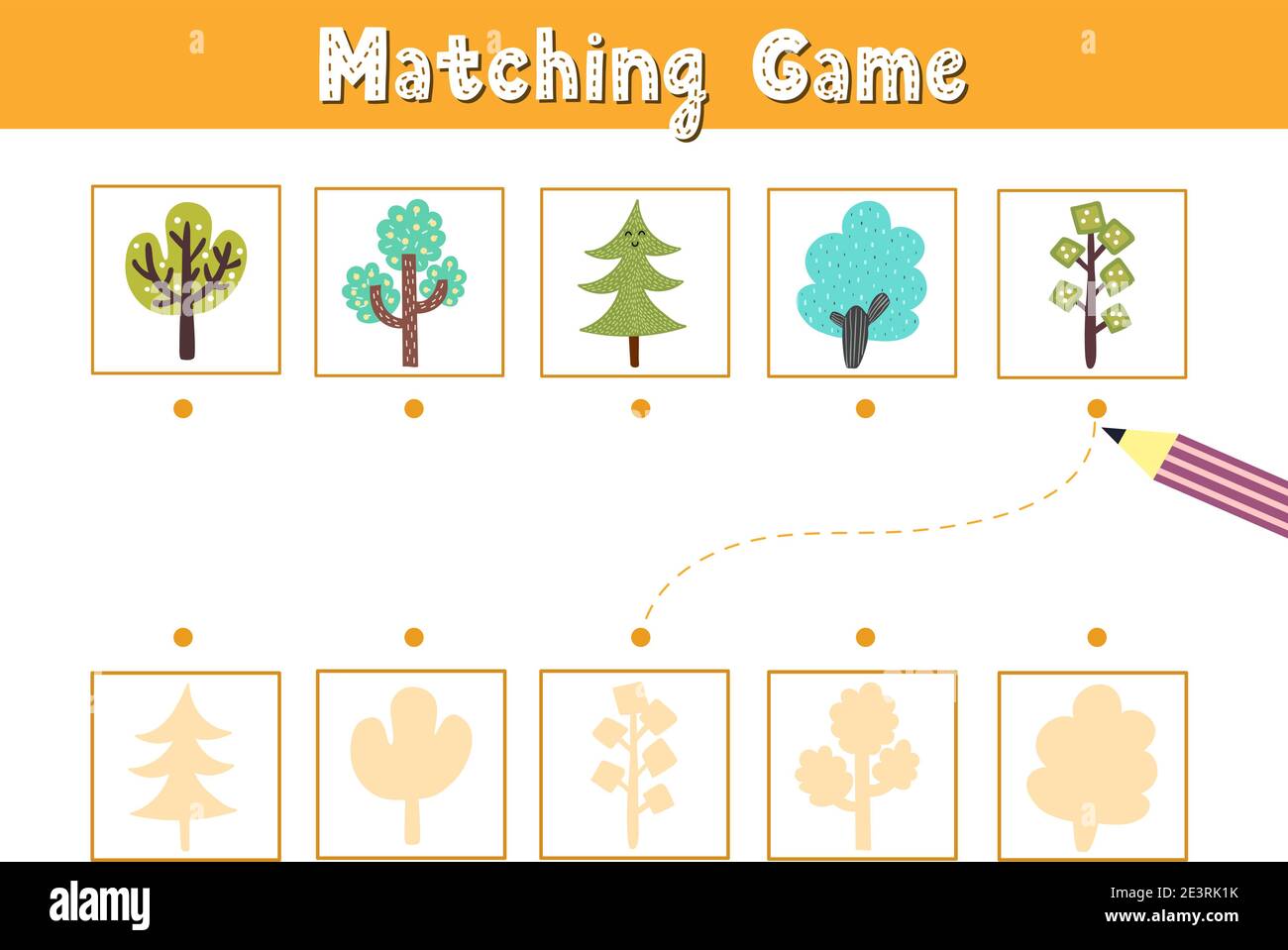 Suchen Sie den richtigen Schatten. Passende Spiel mit niedlichen Bäumen. Lustige Aktivitätsseite für Kinder Stock Vektor