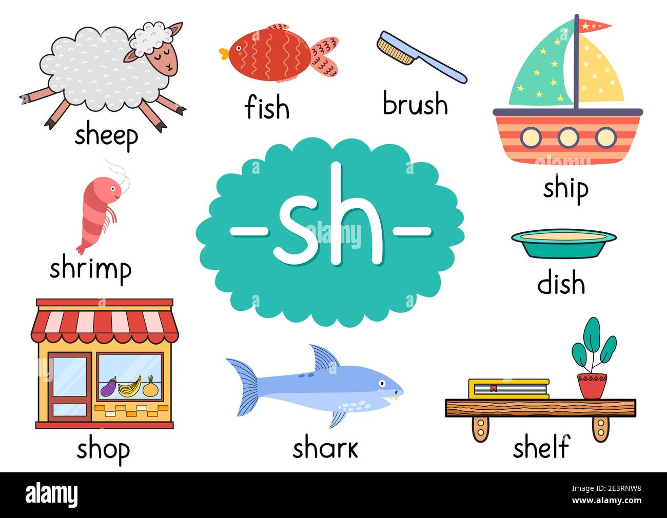 SH Digraph mit Wörtern pädagogisches Plakat für Kinder. Phonics für Schule und Vorschule lernen Stock Vektor