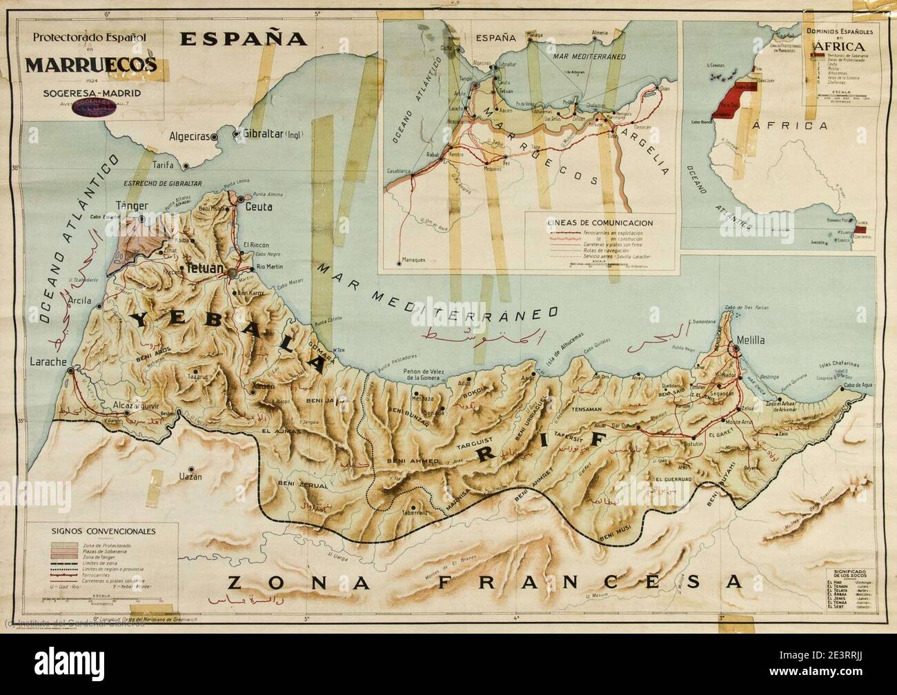 Mapa del Protectorado Español en Marruecos (1924). Stockfoto