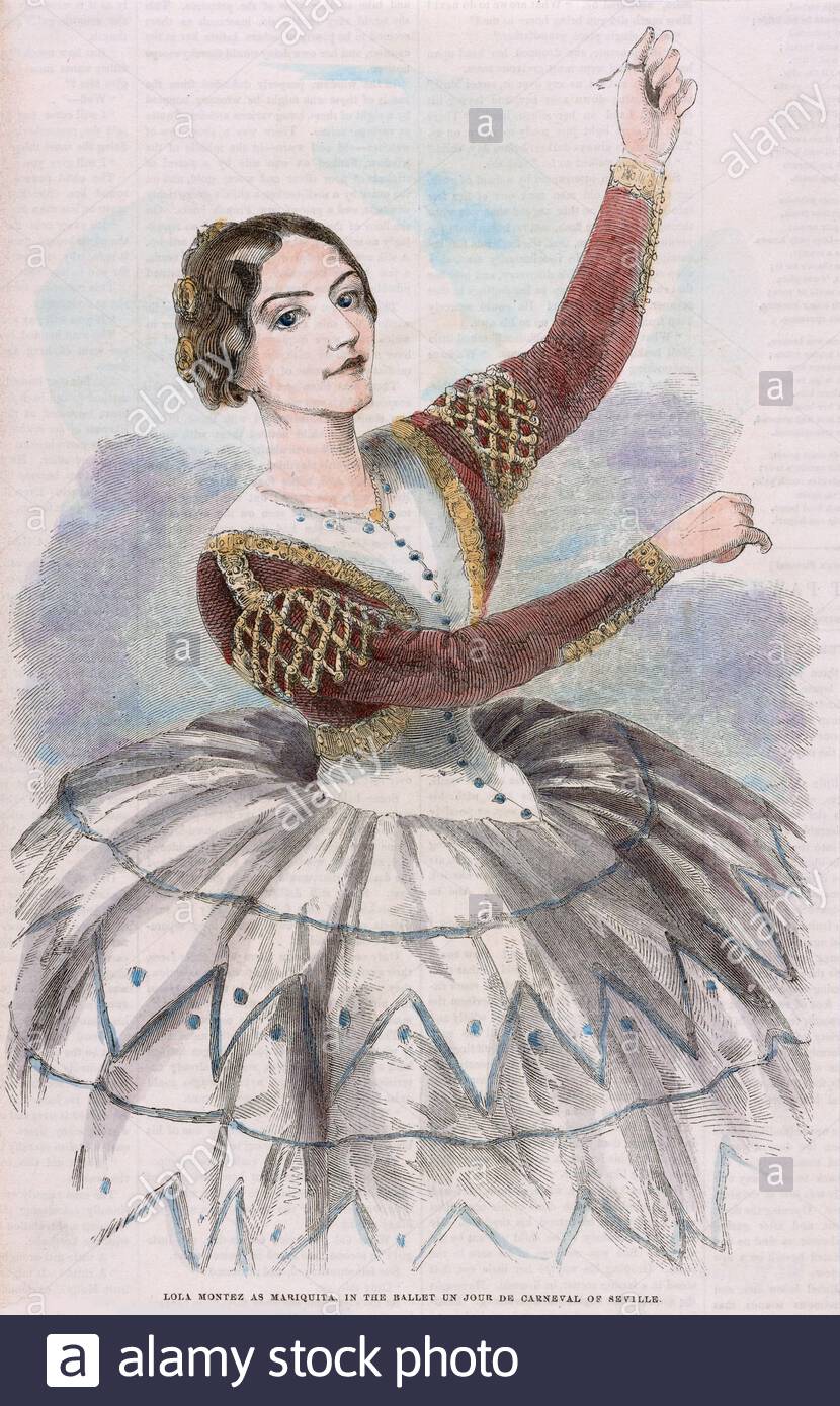 Eliza Rosanna Gilbert, 1821 – 1861, besser bekannt unter dem Künstlernamen Lola Montez, war eine irische Tänzerin und Schauspielerin, die als spanische Tänzerin, Kurtisane und Herrin von König Ludwig I. von Bayern berühmt wurde, Vintage Illustration von 1852 Stockfoto