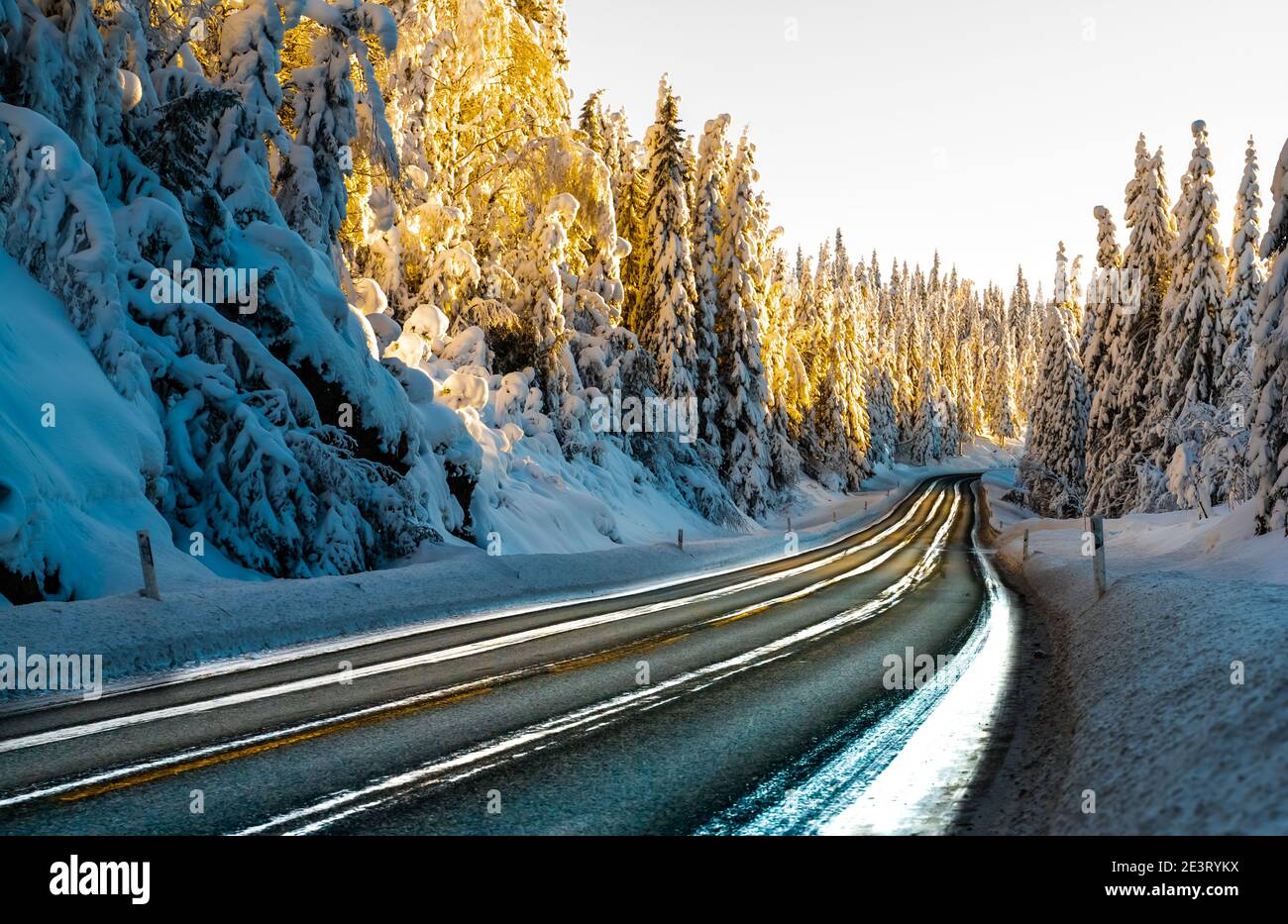 Eisige Autobahn durch einen schneebedeckten arktischen Wald an einem hellen Wintertag. Stockfoto