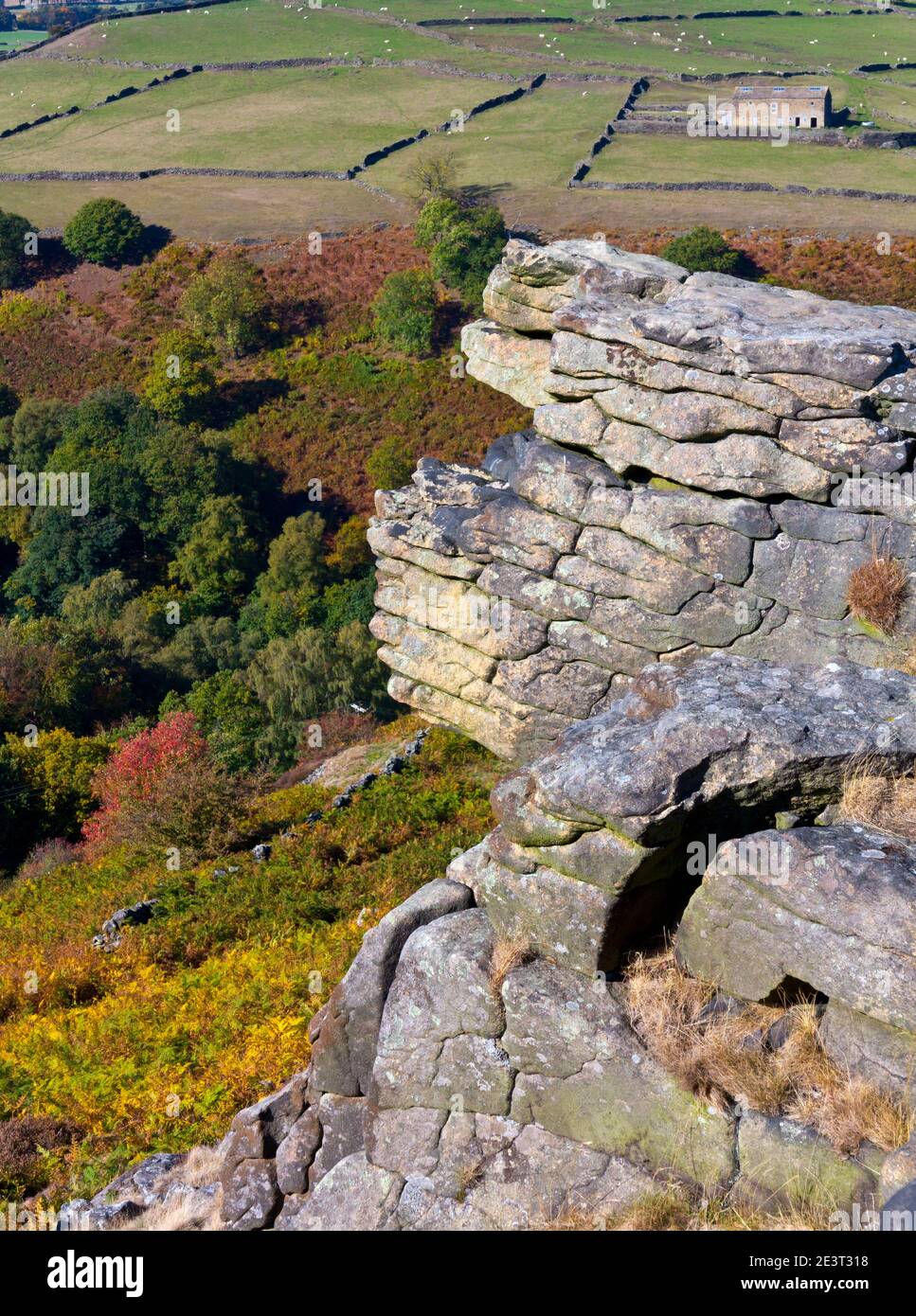 Herbstlandschaft mit Felsen und Bäumen bei Bretton Clough in der Nähe Abney im Peak District National Park Derbyshire England Stockfoto