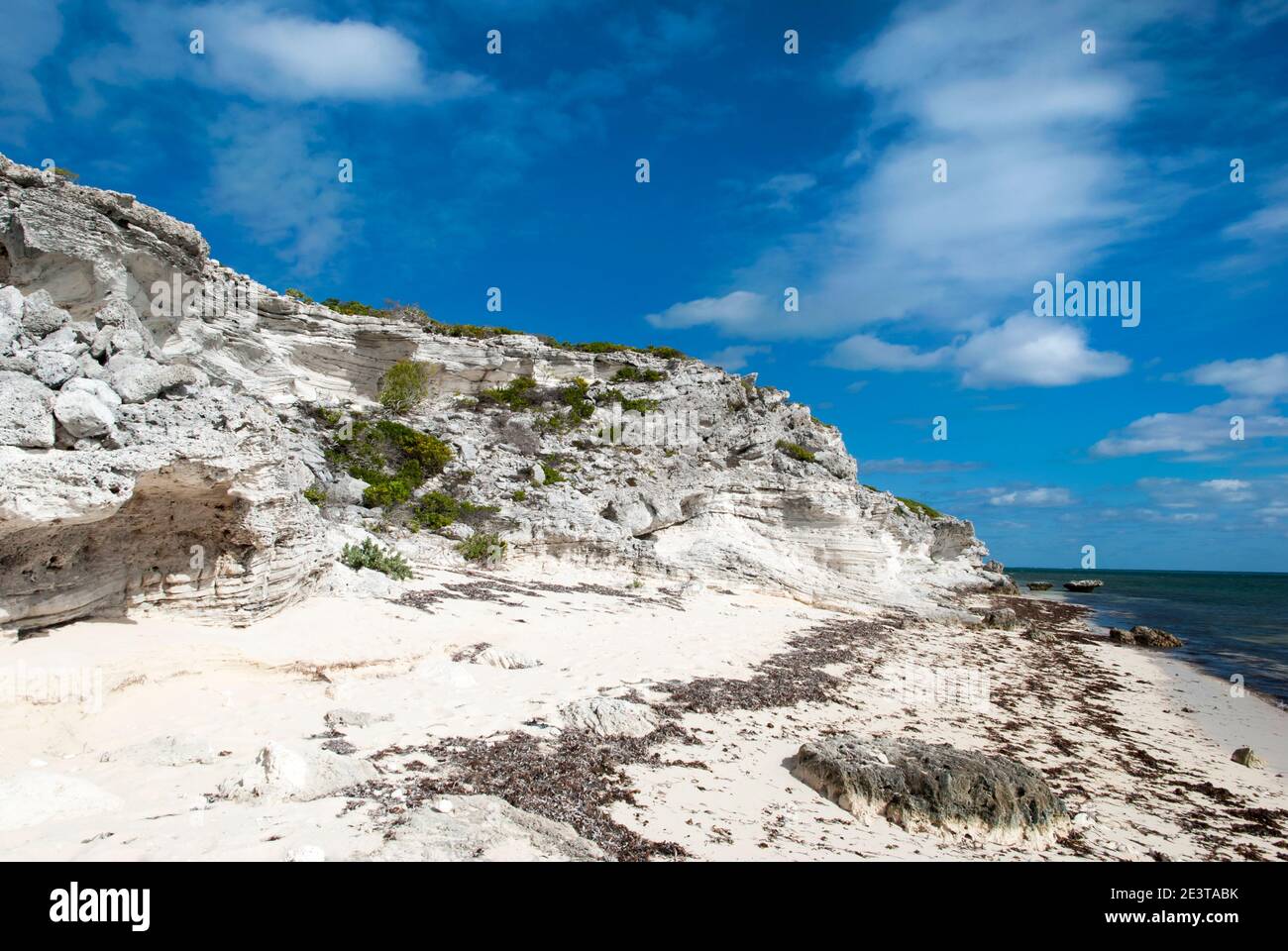 Grand Turk Island leerer Strand mit Algen und einer Wand aus erodiertem Felsen (Turks- und Caicos-Inseln). Stockfoto