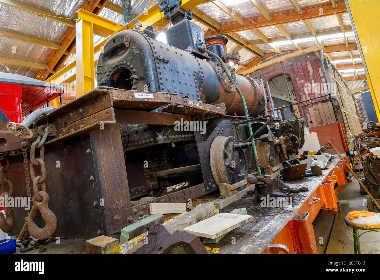 Erhaltung der Eisenbahnzüge bei der Oamaru Steam and Rail Restoration Society, South Island, Neuseeland. Stockfoto