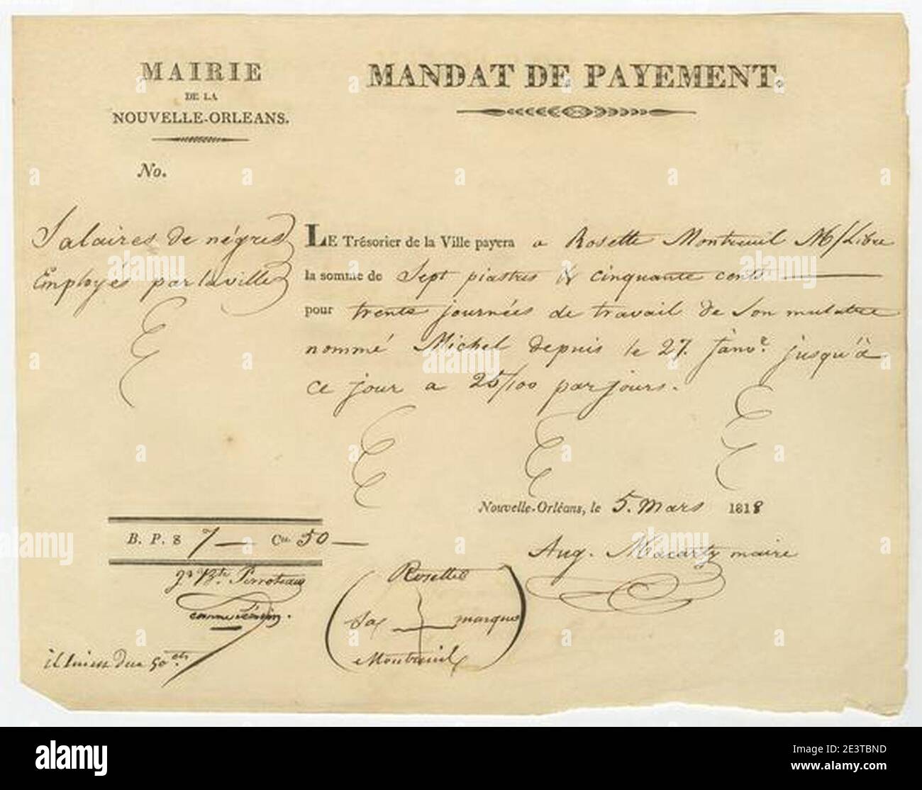 Zahlungsmandat Nouvelle Orleans 5. März 1818. Stockfoto