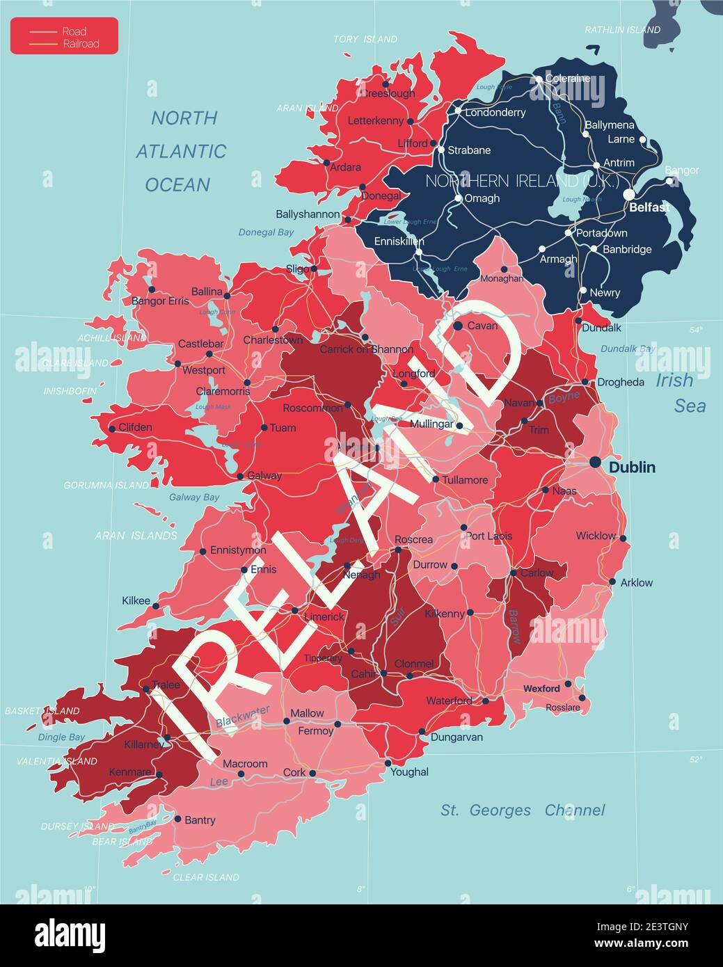 Irland Land detaillierte editierbare Karte mit Regionen Städte und Städte, Straßen und Eisenbahnen, geografische Standorte. Vector EPS-10-Datei Stock Vektor