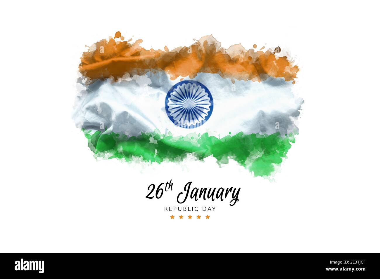 Illustration der Happy Indian Republic Tag für Poster oder Banner Hintergrund. Flagge von Indien Malerei durch Aquarell auf Leinwand Textur mit Ashoka Rad Stockfoto