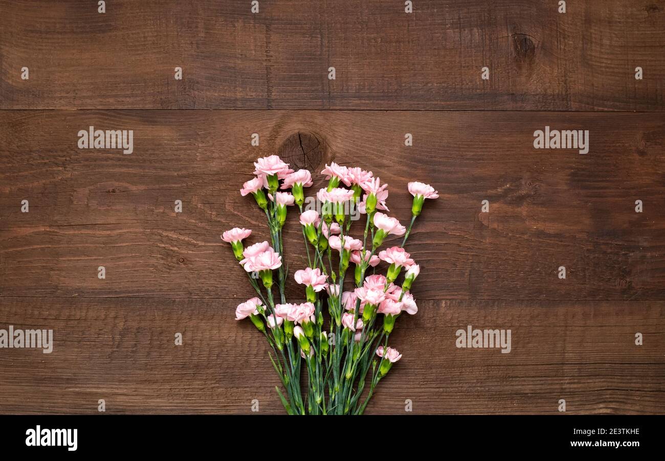 Rosa Blumen auf dunkelbraunem Holztisch mit Kopierraum. Stockfoto