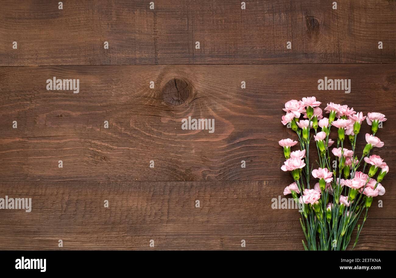 Rosa Blumen auf dunkelbraunem Holztisch mit Kopierraum. Stockfoto