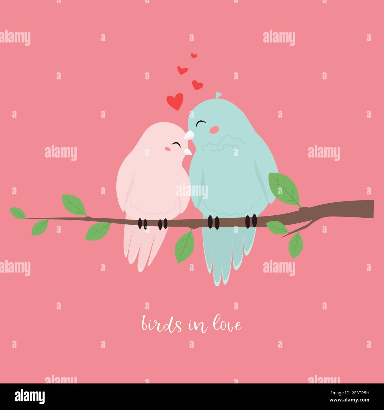 Verliebte Vögel, die auf einem Ast sitzen. Niedliche Vektor-Illustration in Cartoon-flachen Stil, Vorlage für Valentinstag Grußkarte oder Poster Stock Vektor