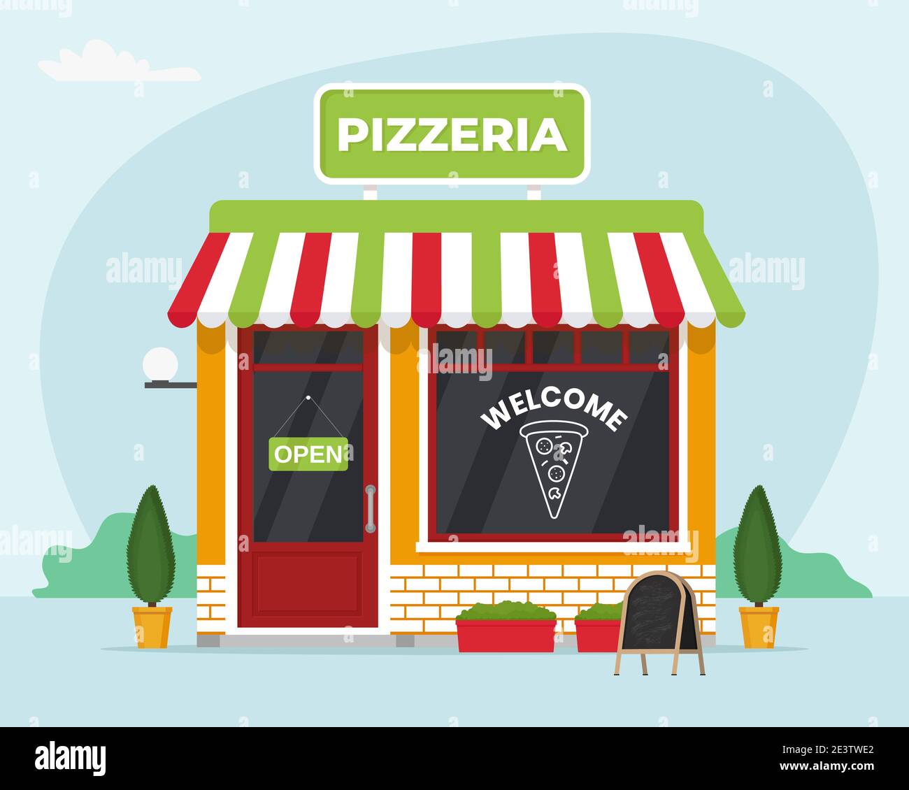 Pizzeria vor dem Hotel. Gewerbe, Immobilien, Markt caffee. Vektorgrafik im flachen Stil Stock Vektor