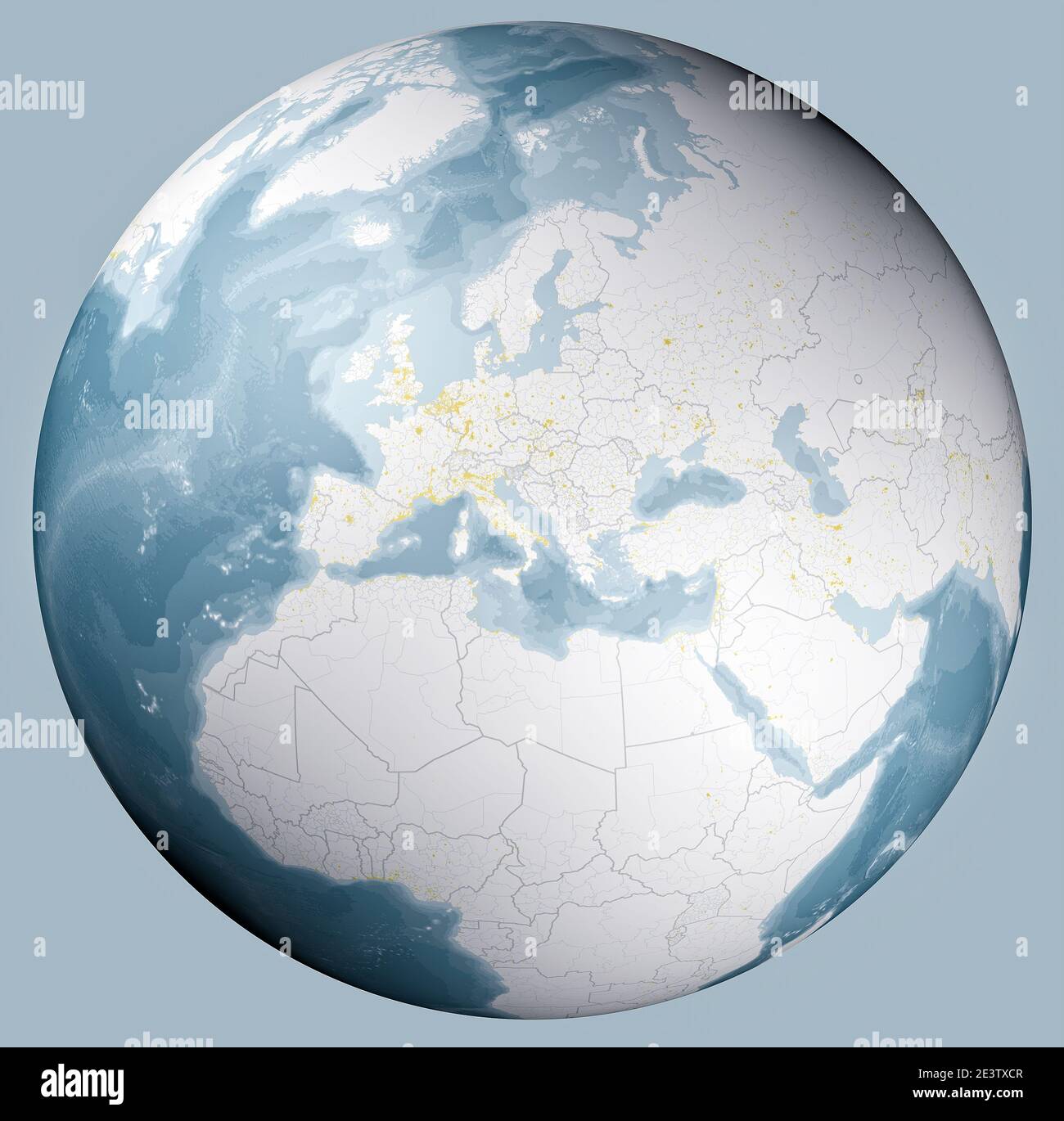 Weltkarte des Mittelmeers und Europas, Afrikas und des Nahen Ostens. Grenzen und Großstädte. Kartographie, geographischer Atlas. Bathymetrie Stockfoto