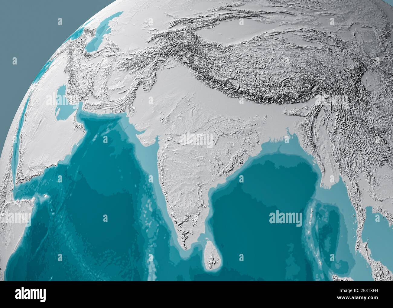 Weltkarte von Asien, Satellitenansicht, geographische Karte, Physik. Kartographie, Reliefatlas. 3d-Rendering. Indien, Sri Lanka, Pakistan, Nepal und Himalaya Stockfoto