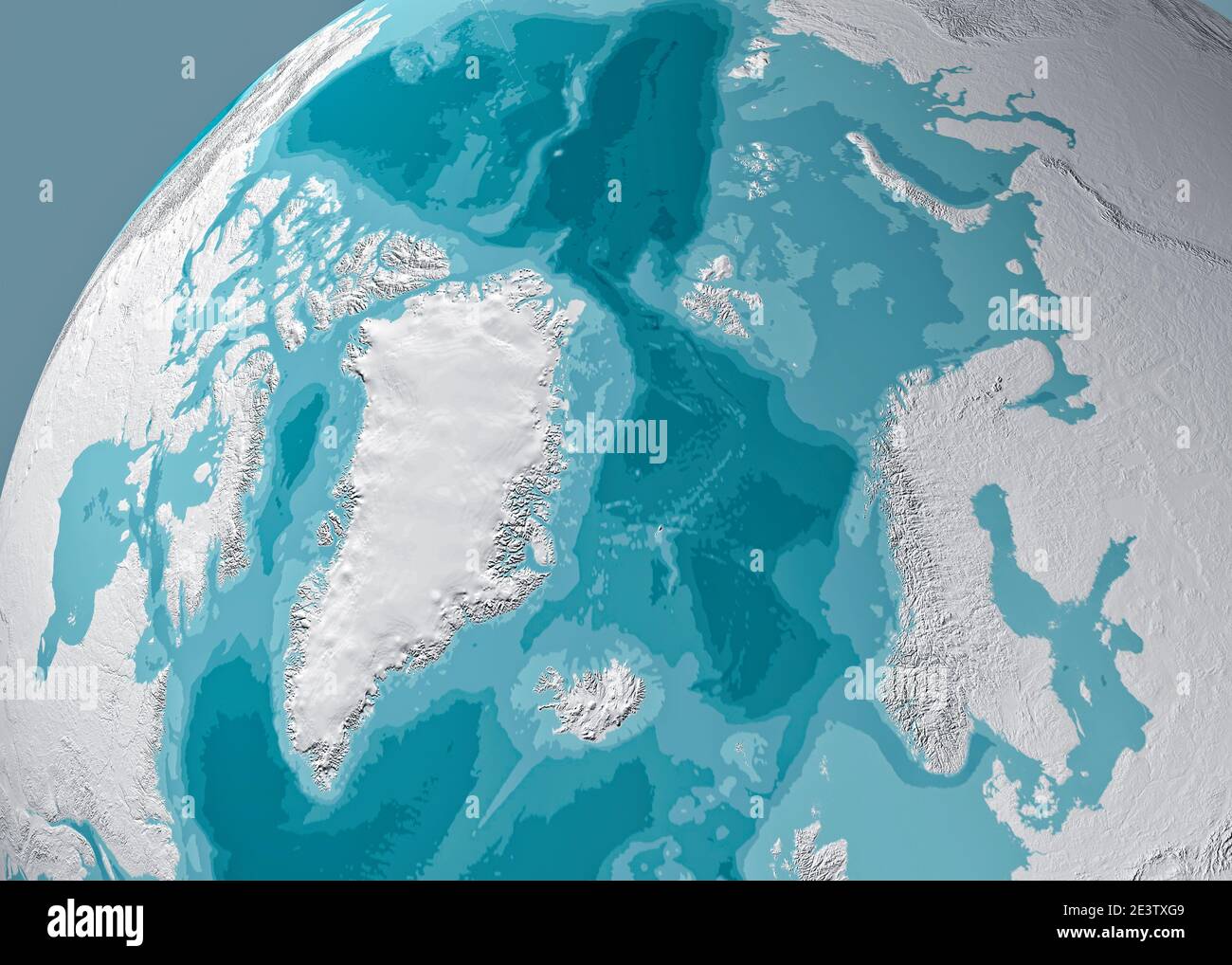 Physische Karte des Nordpols, Grönland. Reliefs und Berge. Nördliche Hemisphäre. Sibirisches Russland und arktisches Kanada. 3d-Rendering. Bathymetrie Stockfoto