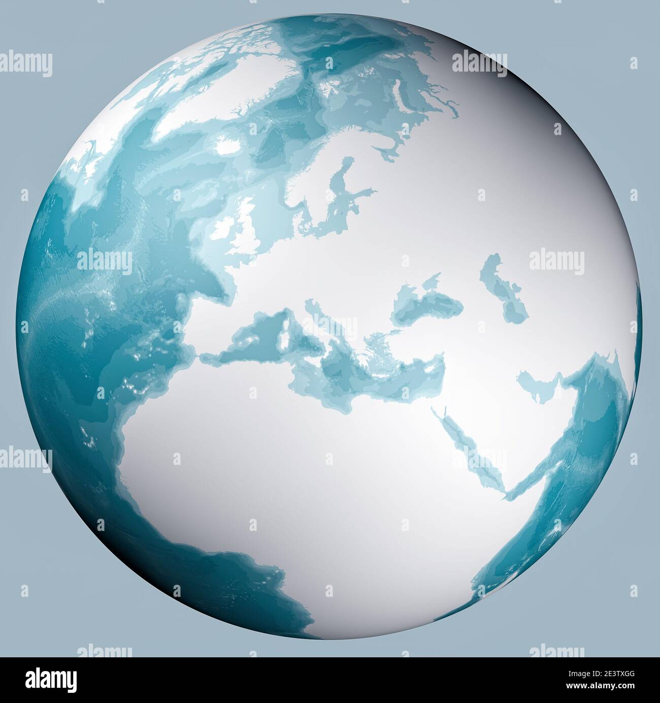 Weltkarte des Mittelmeers und Europas, Afrikas und des Nahen Ostens. Kartographie, geographischer Atlas. Bathymetrie, Unterwassertiefe des Ozeans Stockfoto