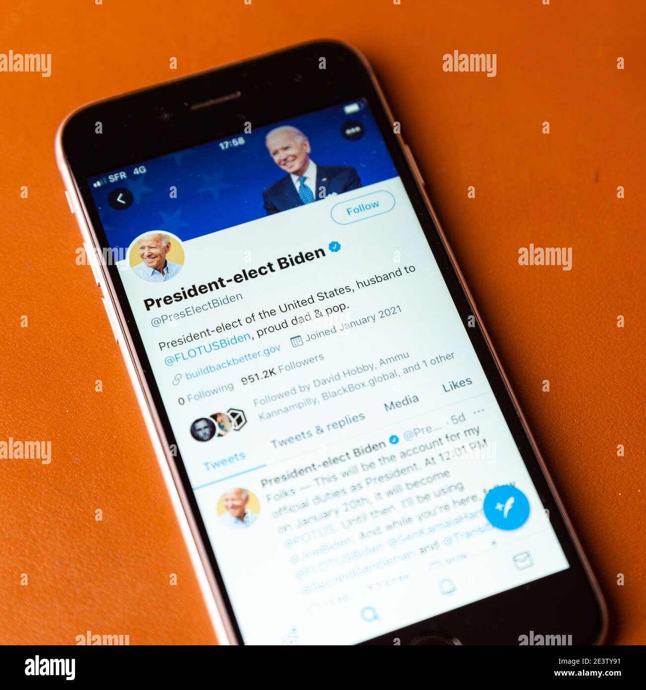 Der designierte Präsident Joe Biden ist ein offizielles Twitter-Konto, bevor er als 46. Präsident der Vereinigten Staaten vereidigt wurde. Stockfoto