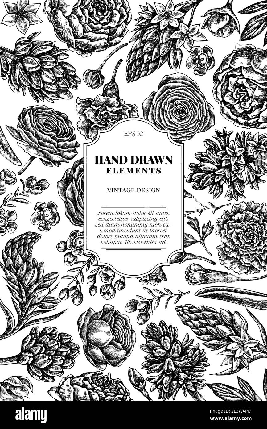 Kartendesign mit schwarzer und weißer Pfingstrose, Nelke, Ranunculus, Wachsblume, ornithogalum, Hyazinthe Stock Vektor