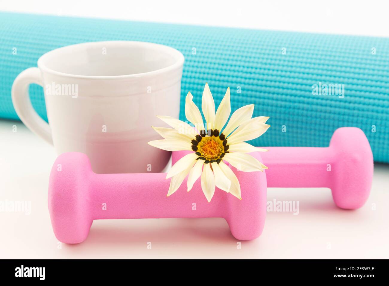 Zu Hause Fitness Stillleben von weißen Gänseblümchen und Becher, rosa Gewichte und türkisfarbene Yoga-Matte in Nahaufnahme von gesunden, persönlichen Übungen Stockfoto