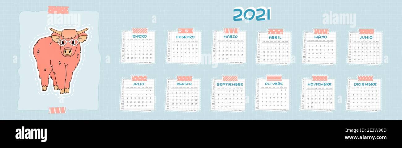 Kalender für 2021 von Januar bis Dezember. Spanische Sprache. Highland Kuh ist auf blaue Farbe. Jeden Monat ist auf quadratischen Papier mit Punkten, Stück der Schonen Stock Vektor