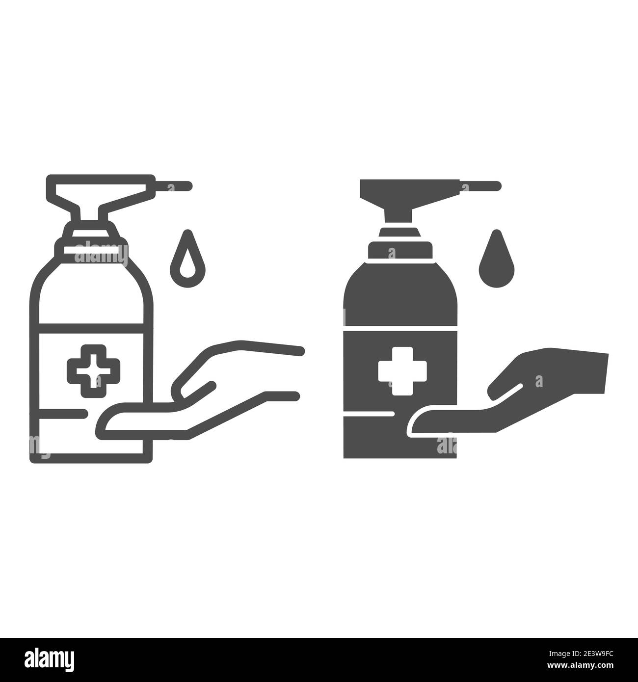 Menschliche Hand und antiseptische Linie und solide Symbol, Coronavirus Prävention Konzept, Hände waschen mit Desinfektionsmittel Zeichen auf weißem Hintergrund, antibakterielles Gel Stock Vektor