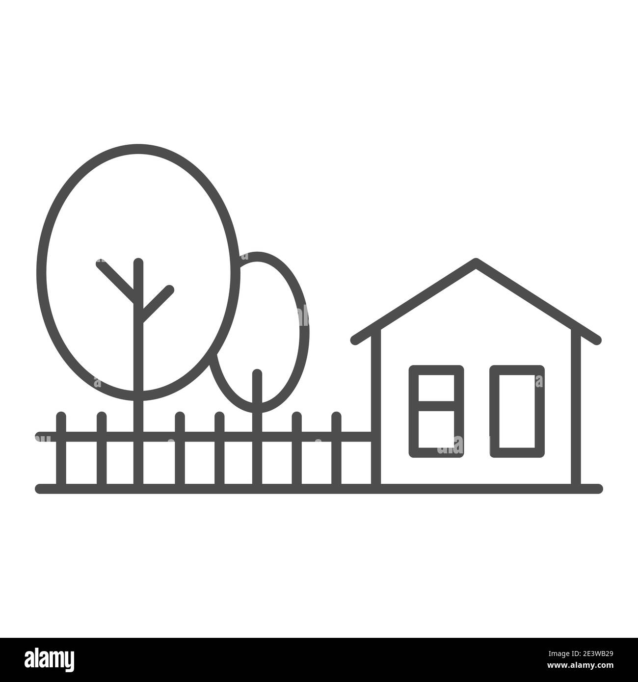 Cottage House mit Bäumen dünne Linie Symbol, Sommer-Konzept, ländliche Landschaft Zeichen auf weißem Hintergrund, Bauernhaus und Bäume Symbol in skizzieren Stil für Stock Vektor