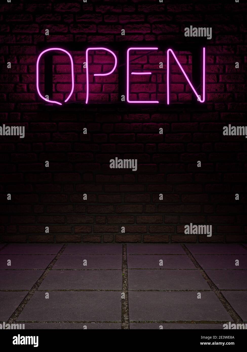 3d-Darstellung eines Neonschildes mit dem Wort 'offen' In rosa Licht auf einer Ziegelwand und graue Platte Boden Stockfoto