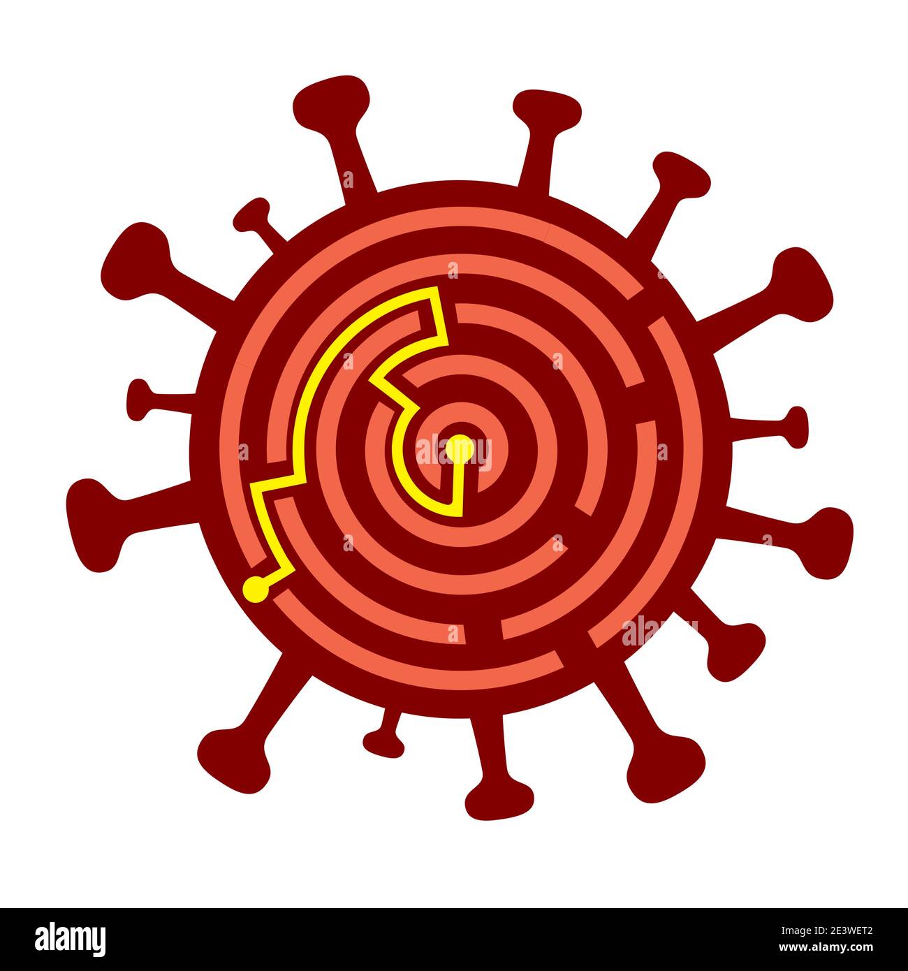 Coronavirus Symbol Labyrinth, Lösungskonzept. Illustration eines Labyrinths, das die Entdeckung des Coronavirus-Impfstoffs und die Lösung der weltweiten Pandemie symbolisiert. Stock Vektor