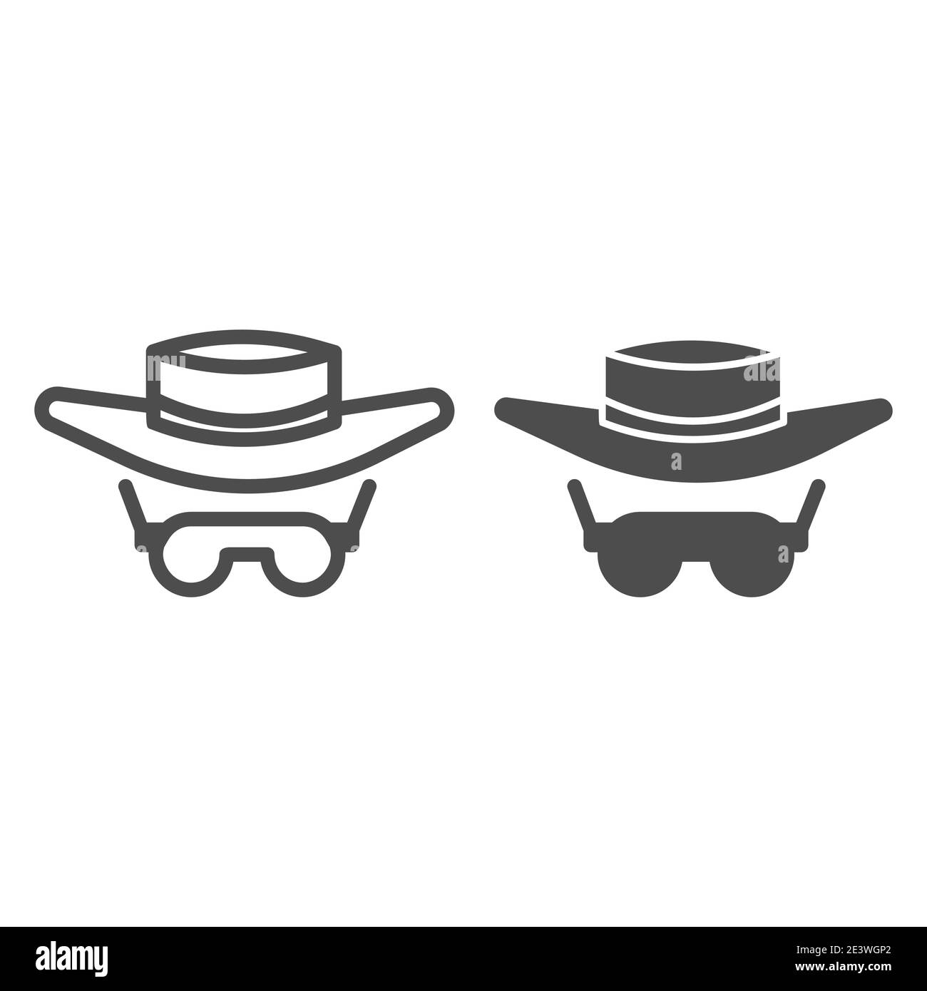 Sonnenbrillen und Hut Linie und solide Symbol, Sommer-Konzept, Sommer Sonnenschutz Kleidung Zeichen auf weißem Hintergrund, Männer Hut und Retro-Sonnenbrille Symbol in Stock Vektor