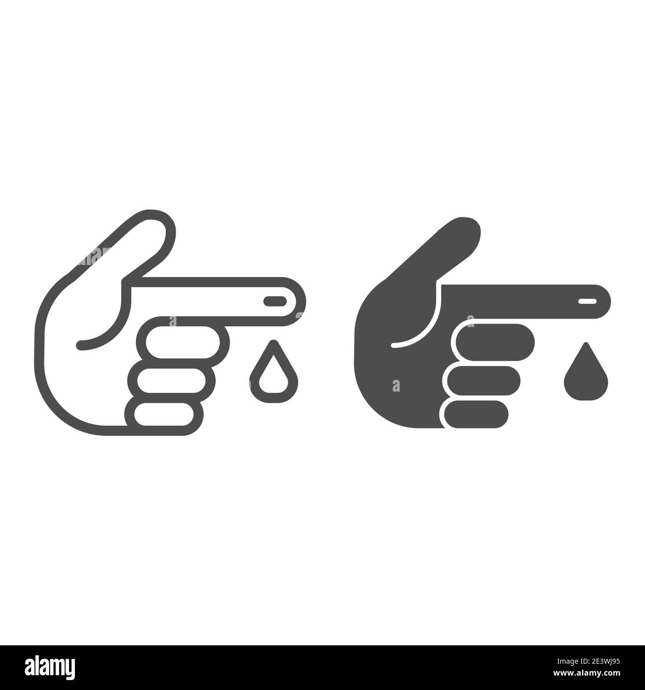 Hand mit Bluttropflinie und solide Symbol, Medizin Konzept, Blutprobe Zeichen auf weißem Hintergrund, Finger mit Tröpfchen Symbol in Umriss Stil für mobile Stock Vektor