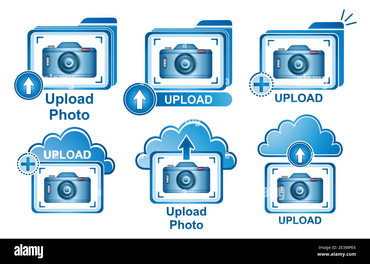 Symbolsatz für Fotovektoren hochladen. Kameraschild. Bild wird auf Cloud-Server hochgeladen. Bild zur Website-Galerie hinzufügen. Fotos an Ordner senden. Dateiübertragung Stock Vektor