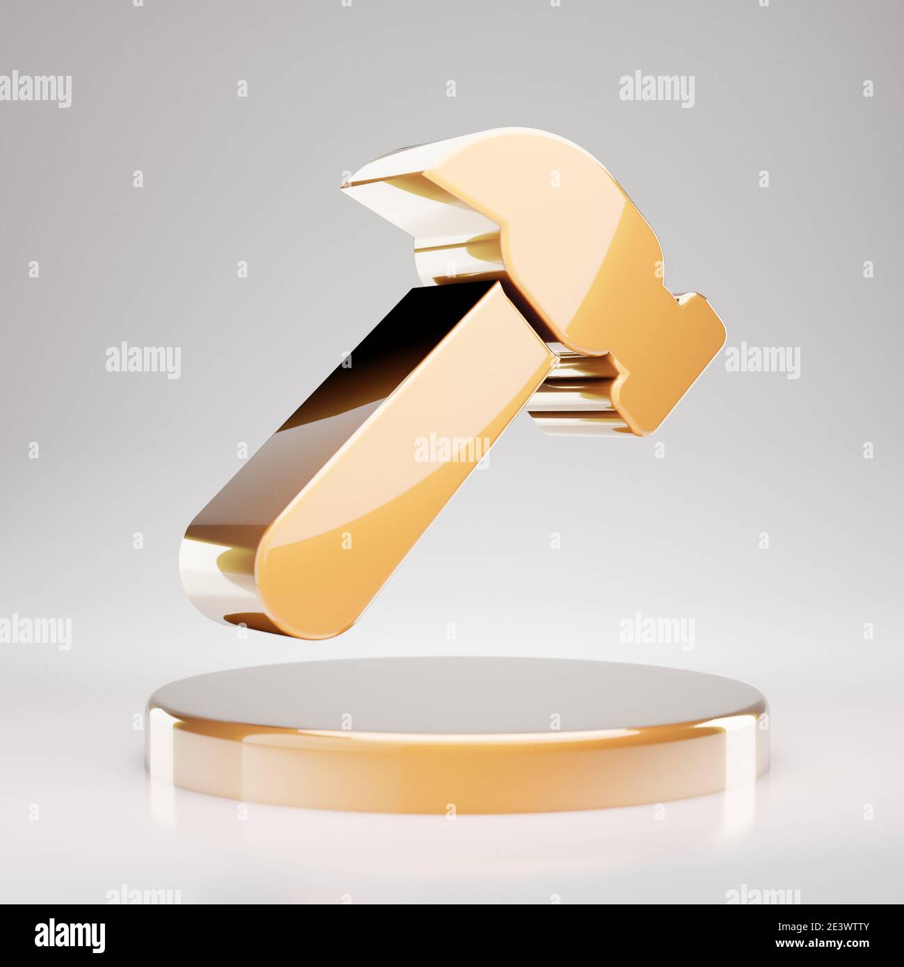 Hammersymbol. Gelbes Gold Hammer Symbol auf goldenem Podium. Symbol für 3D-Rendering für soziale Medien. Stockfoto