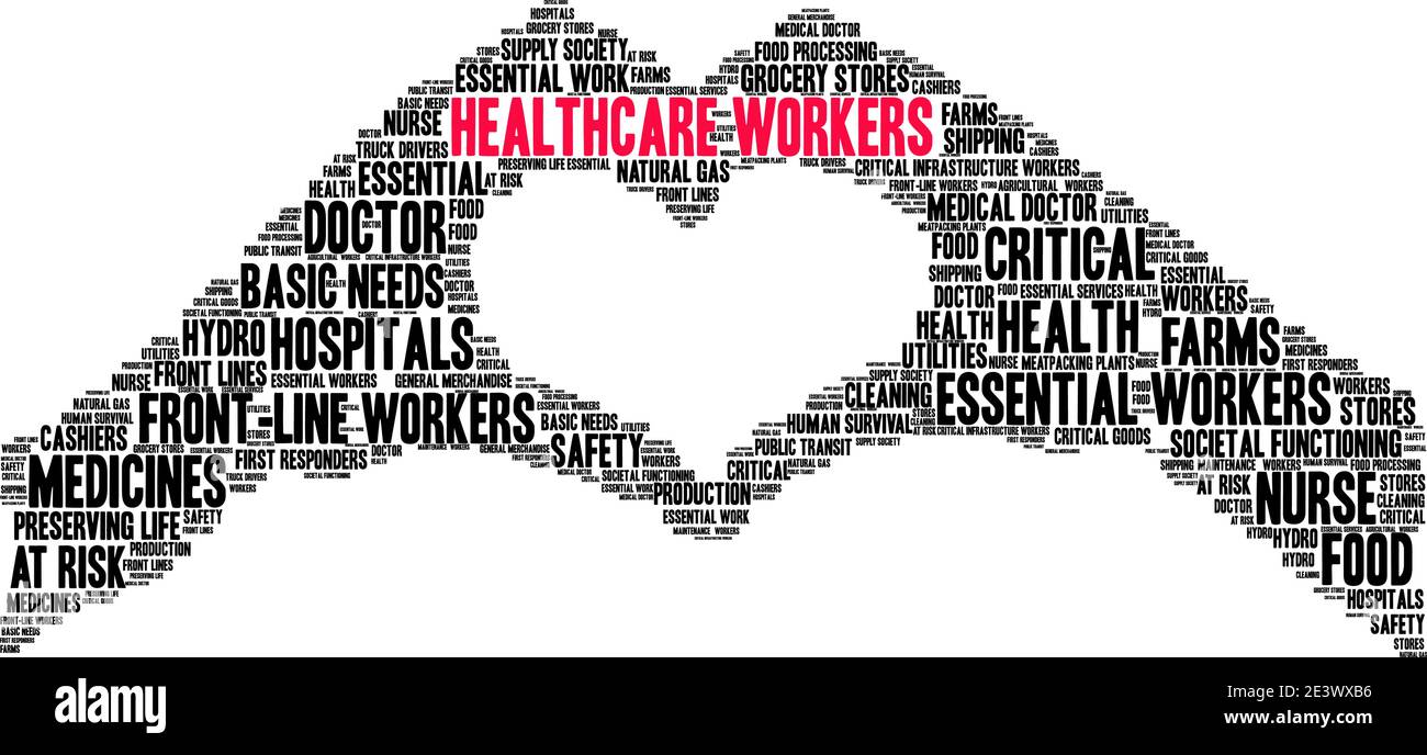 Mitarbeiter im Gesundheitswesen Wort Wolke auf einem weißen Hintergrund. Stock Vektor