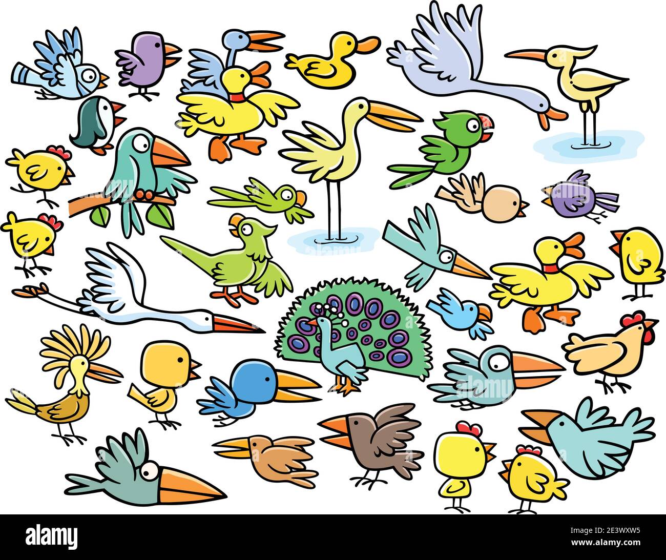 Vögel Cartoon Cliparts Sammlung für Kinder Magazin und Malbücher. Stock Vektor