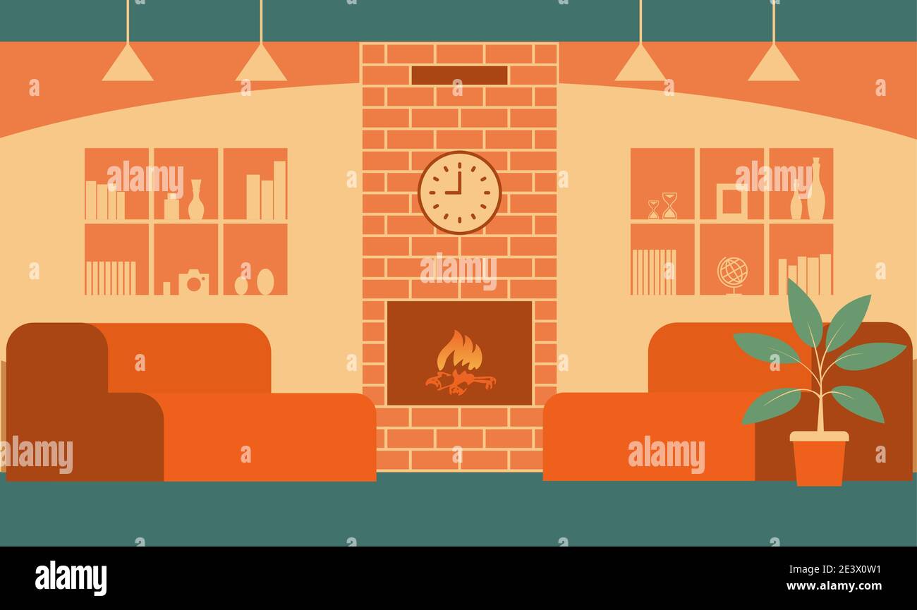 Wohnzimmer mit Kamin. Modernes Interieur eines gemütlichen Wohnraums. Sofas, Bücherregale, Lampen. Vektorgrafik flach. Stock Vektor