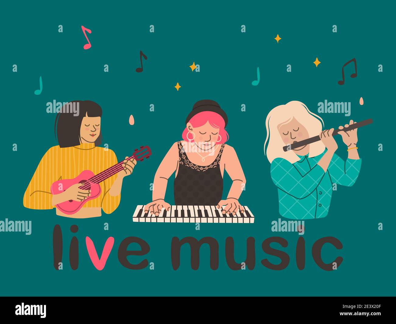 Lettering Live-Musik und Frauen Musiker. Vektorgrafik für Einladung, Grußkarte oder Banner des Festivals. Stock Vektor