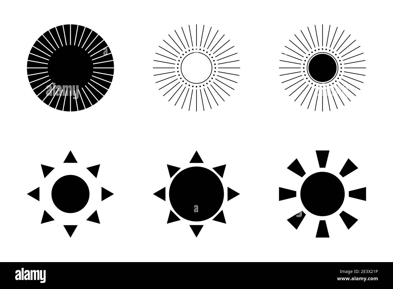 Vektorsymbole für Sonnensymbole. Schwarz isoliert auf weißem Hintergrund. Vektorgrafik Stock Vektor