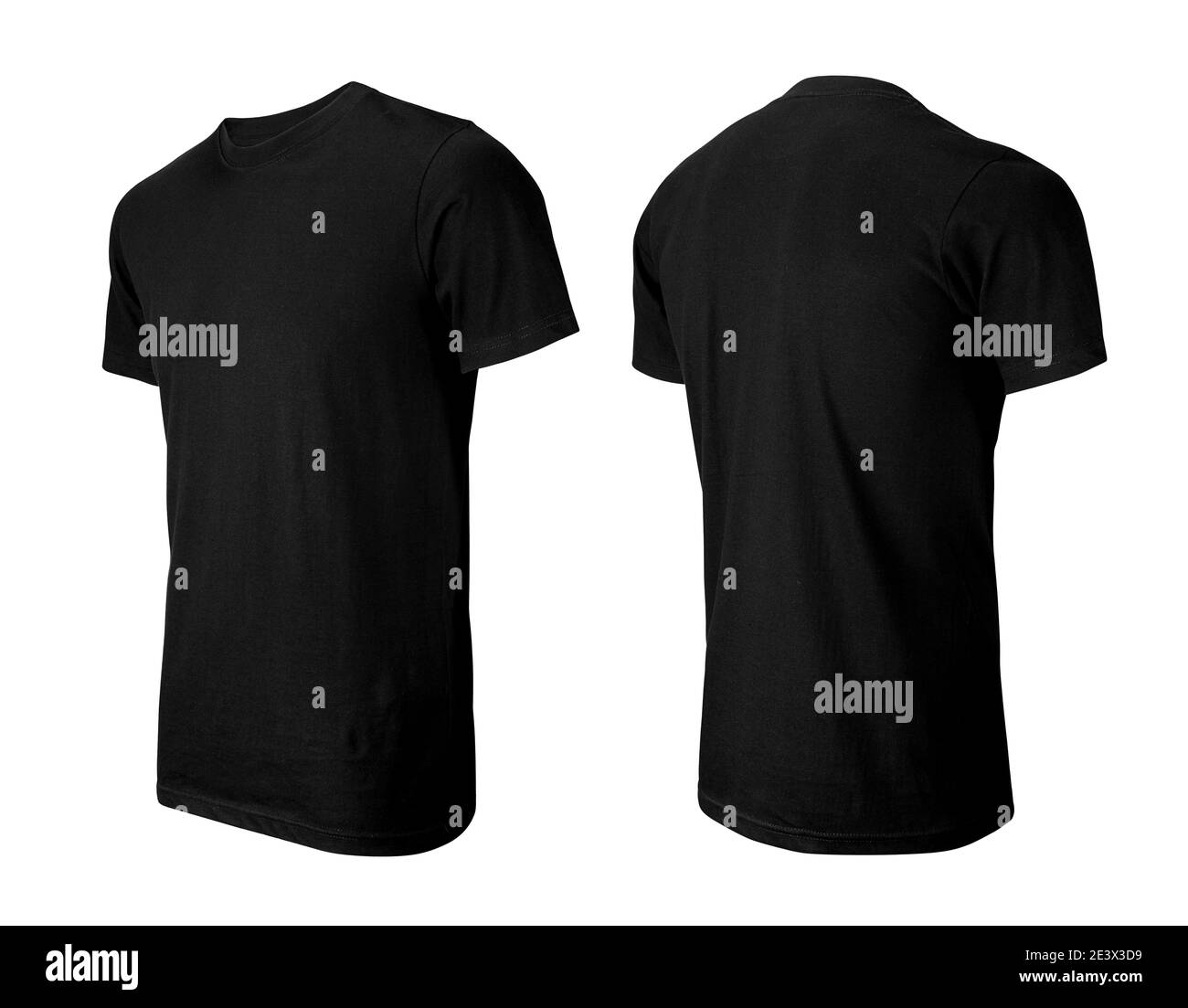 Schwarze T-Shirts vorne und perspektivische Ansicht isoliert auf weiß Stockfoto