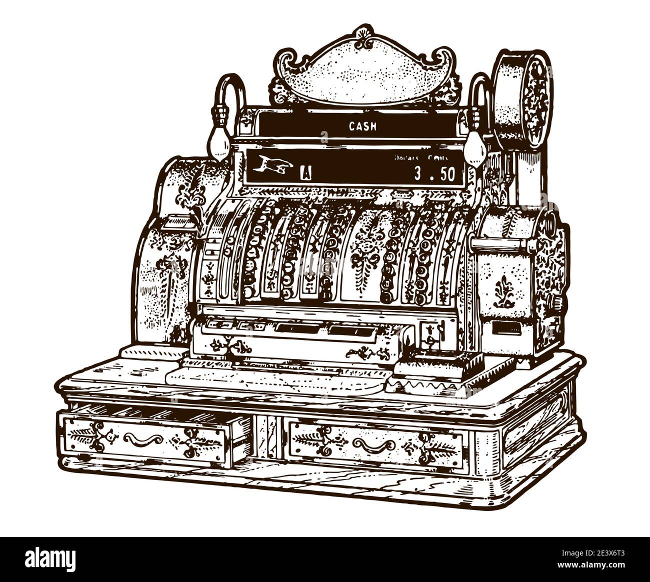 Antike mechanische Kasse mit geöffneter und geschlossener Schublade, in Dreiviertelansicht. Illustration nach einem Stich aus dem frühen 20. Jahrhundert Stock Vektor