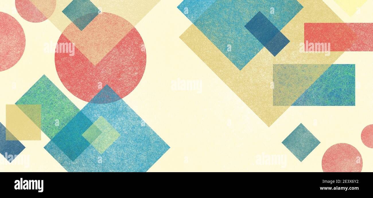 Abstrakt moderner Hintergrund in blau grün rot und gelb beige Farben und zeitgenössische Diamant Rechteck Quadrat und Block Formen geschichtet In zufälligem Geom Stockfoto