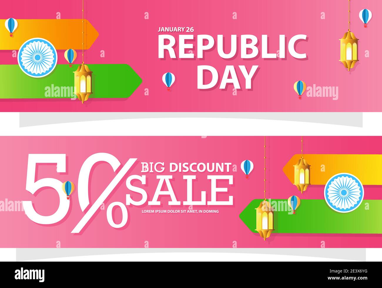 26 Januar Republic Day Verkauf Banner oder Grußkarte Design mit bis zu 50% bieten Hintergründe. Stock Vektor