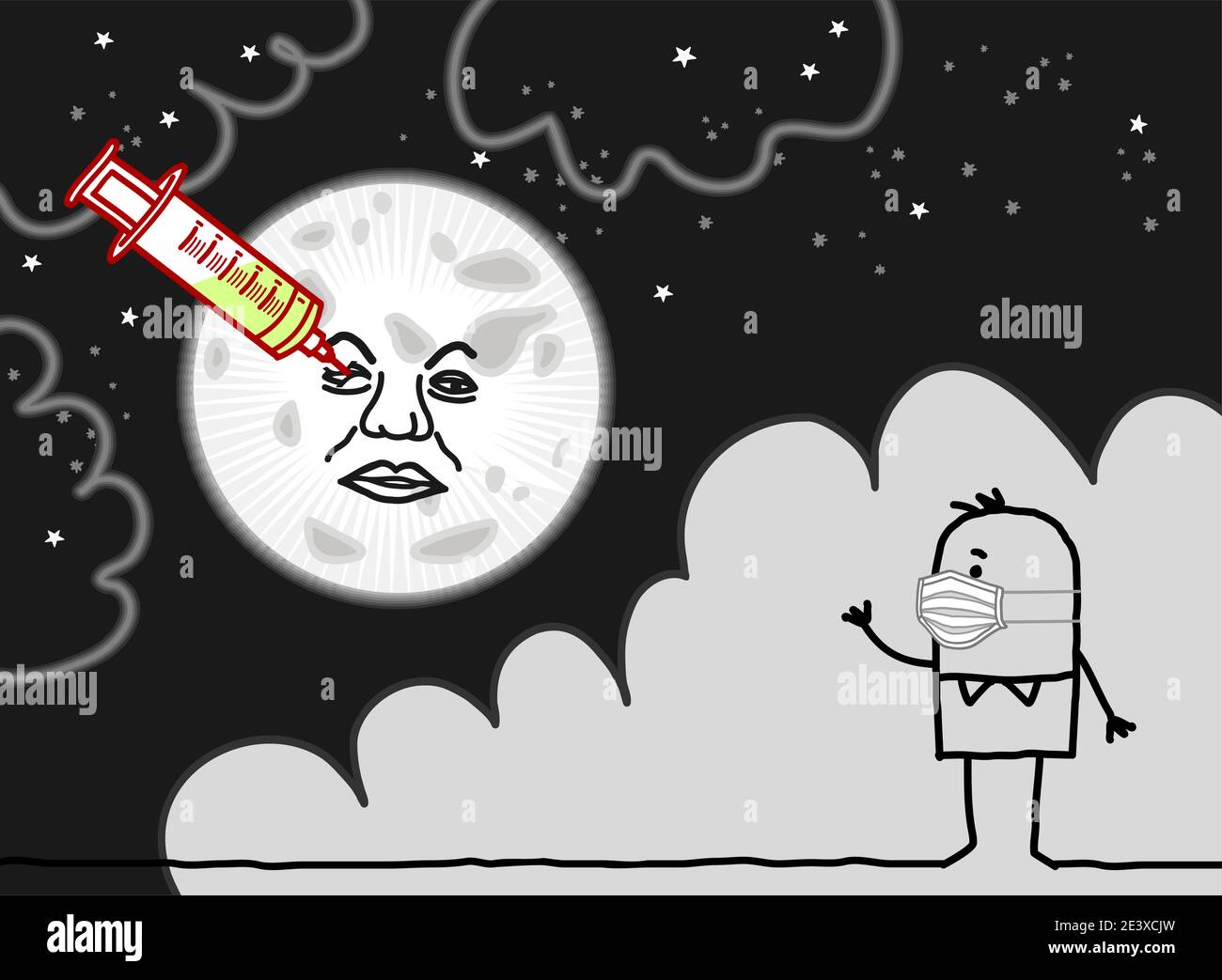 Handgezeichneter Cartoon-Mann mit Schutzmaske, beobachten eine berühmte Mond-Imitation, mit großen Spritze und Impfstoff im Auge Stock Vektor