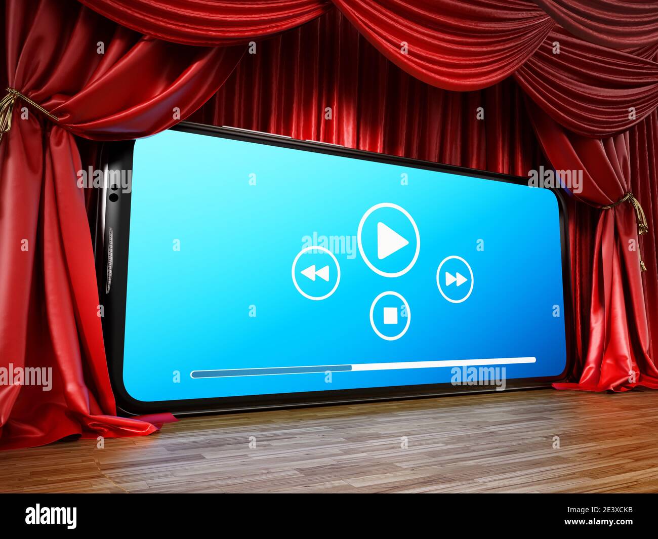 Smartphone mit Media Control Icons auf der Bühne zwischen roten Vorhängen. 3D-Illustration. Stockfoto