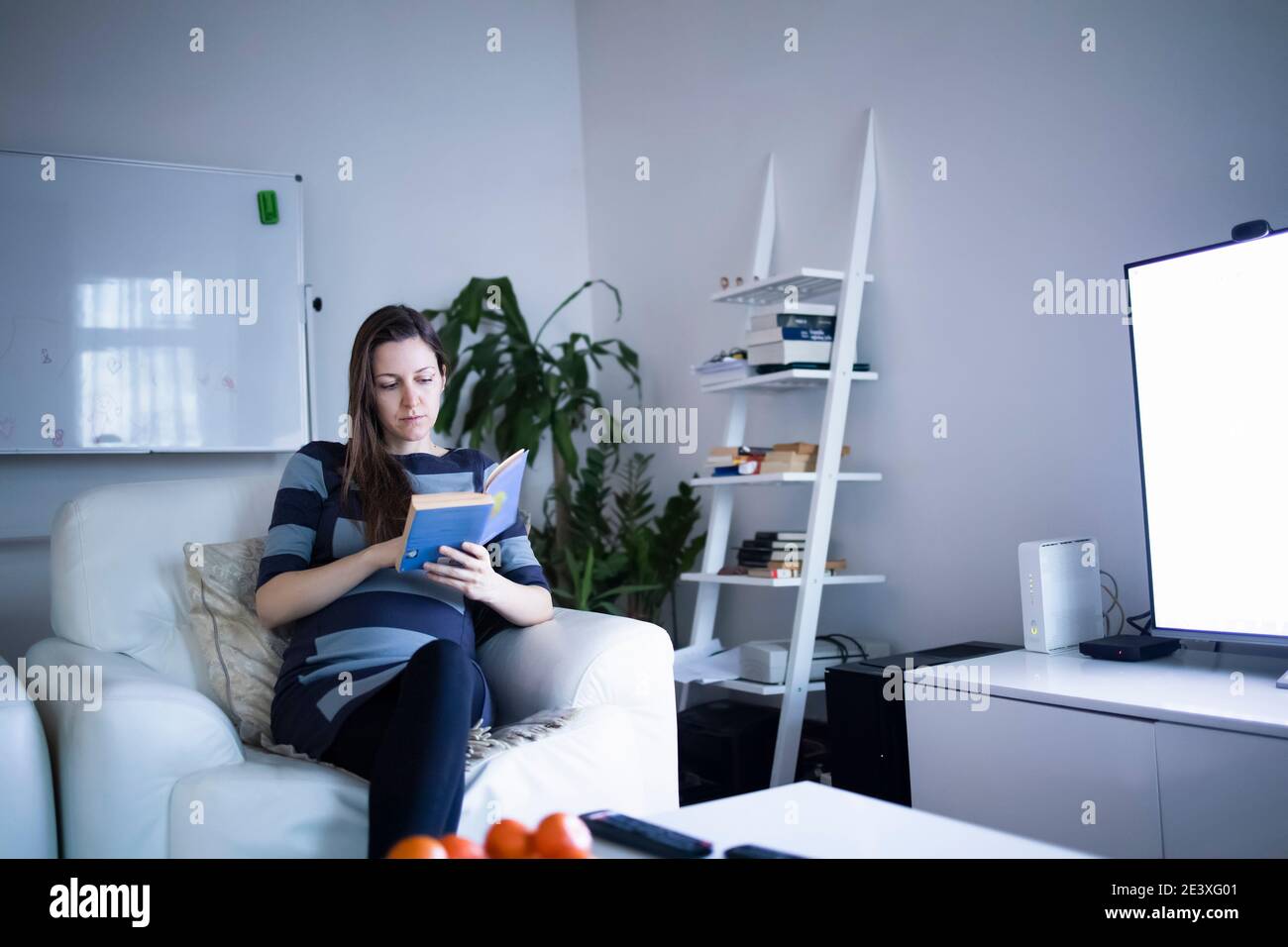 Junge schwangere Frau liest ein Buch in ihrer gemütlichen Wohnung Stockfoto