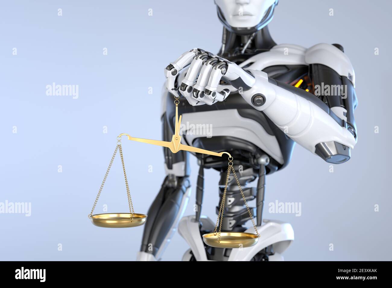 Roboter android hält eine Waage der Gerechtigkeit. 3D-Illustration Stockfoto