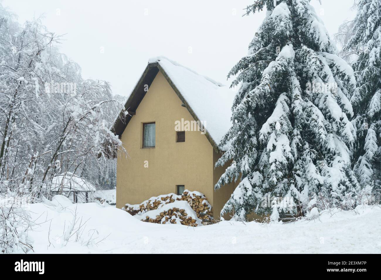 Winterlandschaft. Haus für Wochenende auf Berg und Tanne unter dem Schnee. Stockfoto